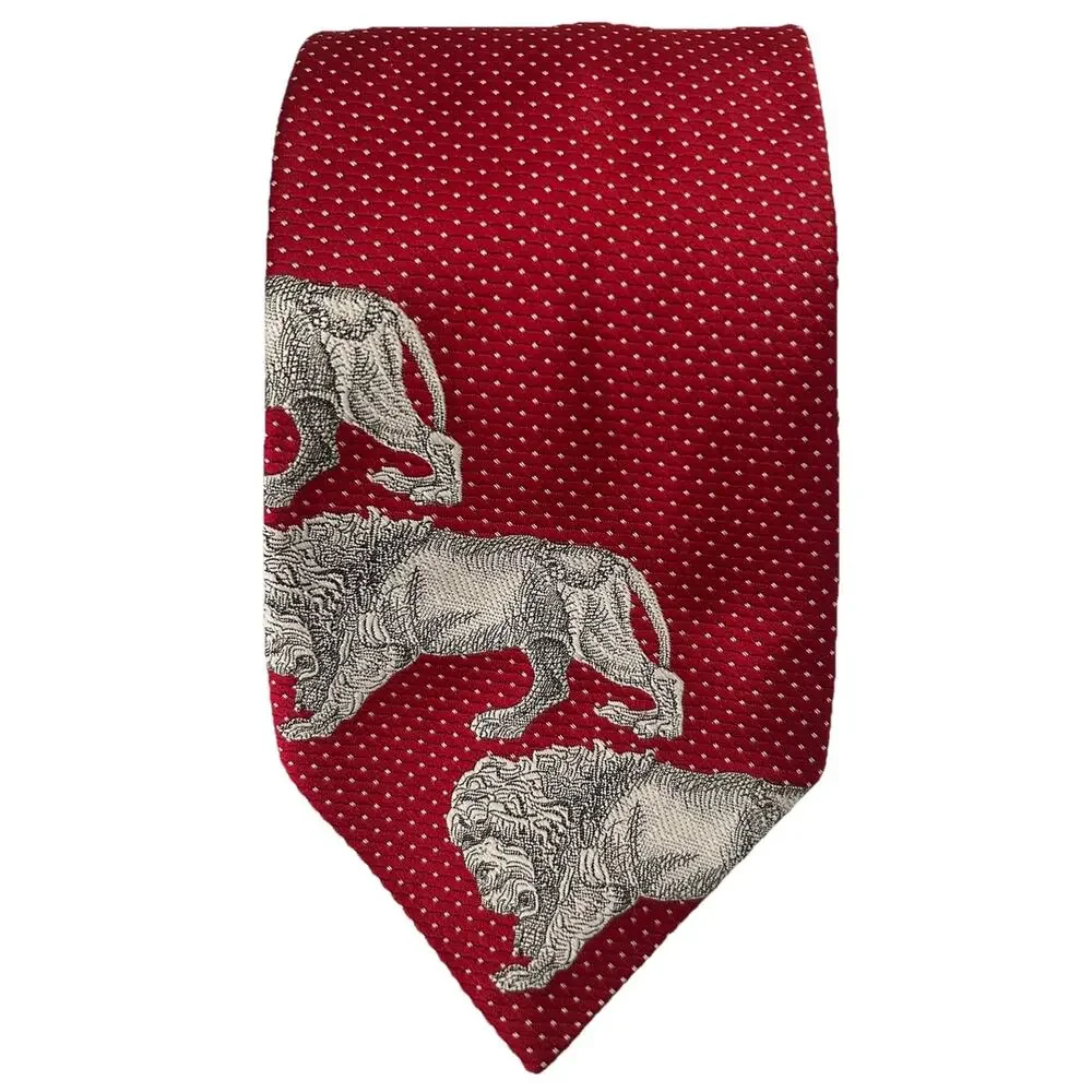 Vtg 70s Allesandro Mens Tie Lions Head Red Microdot Polyester 4.5” Wide Necktie
